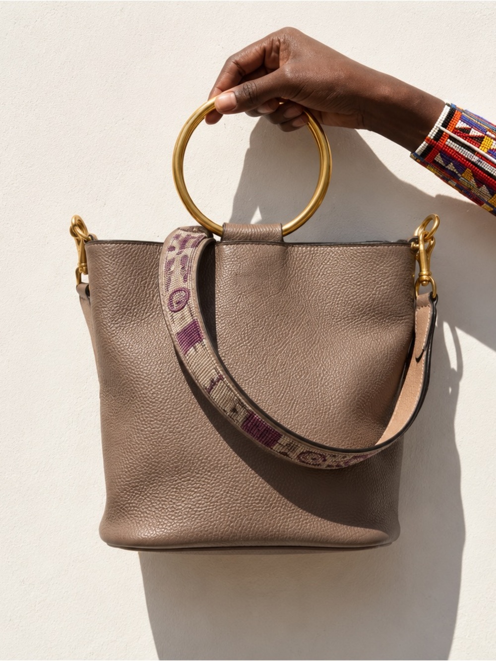 BUSH PRINCESS Bucket Bag Taupe Gray Leather Beaded